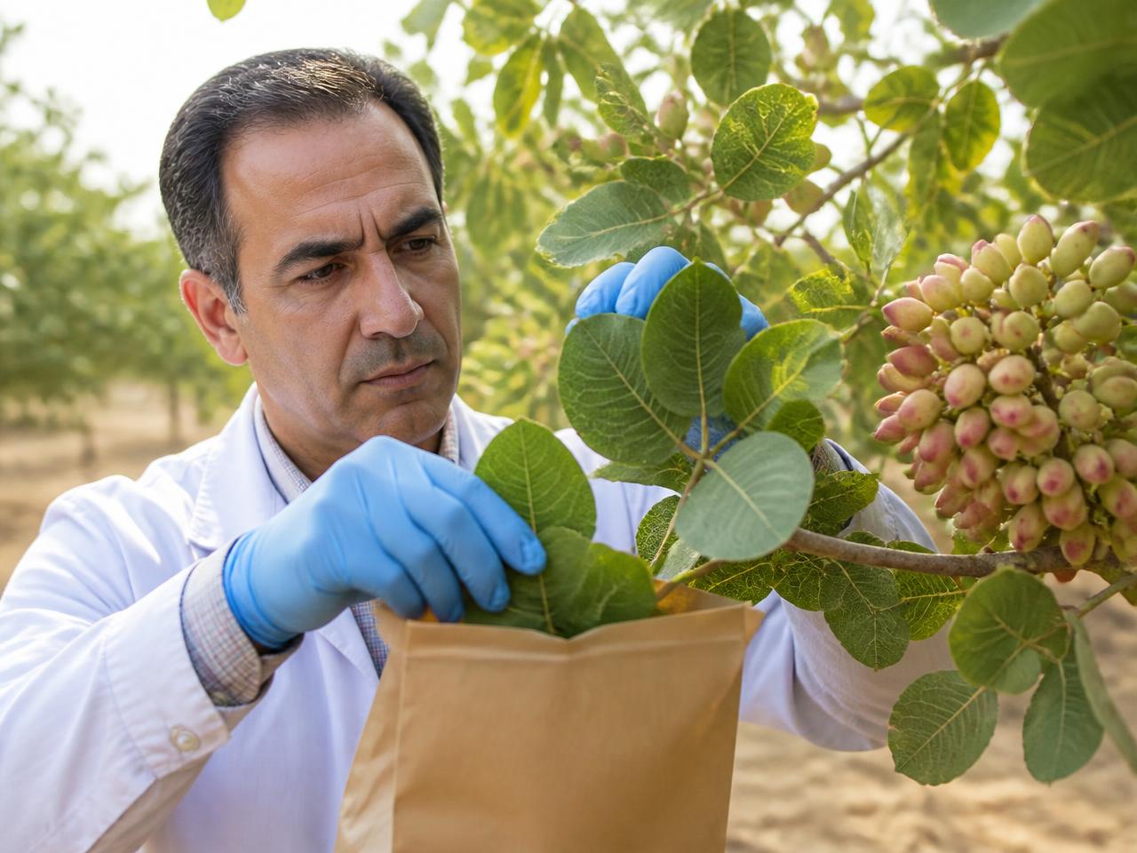 نمونه‌برداری علمی برگ از درخت پسته